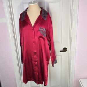 Victoria's Secret Vtg Red Silk Sleep Shirt Size M/L Lingerie Gold Label Lace‎
